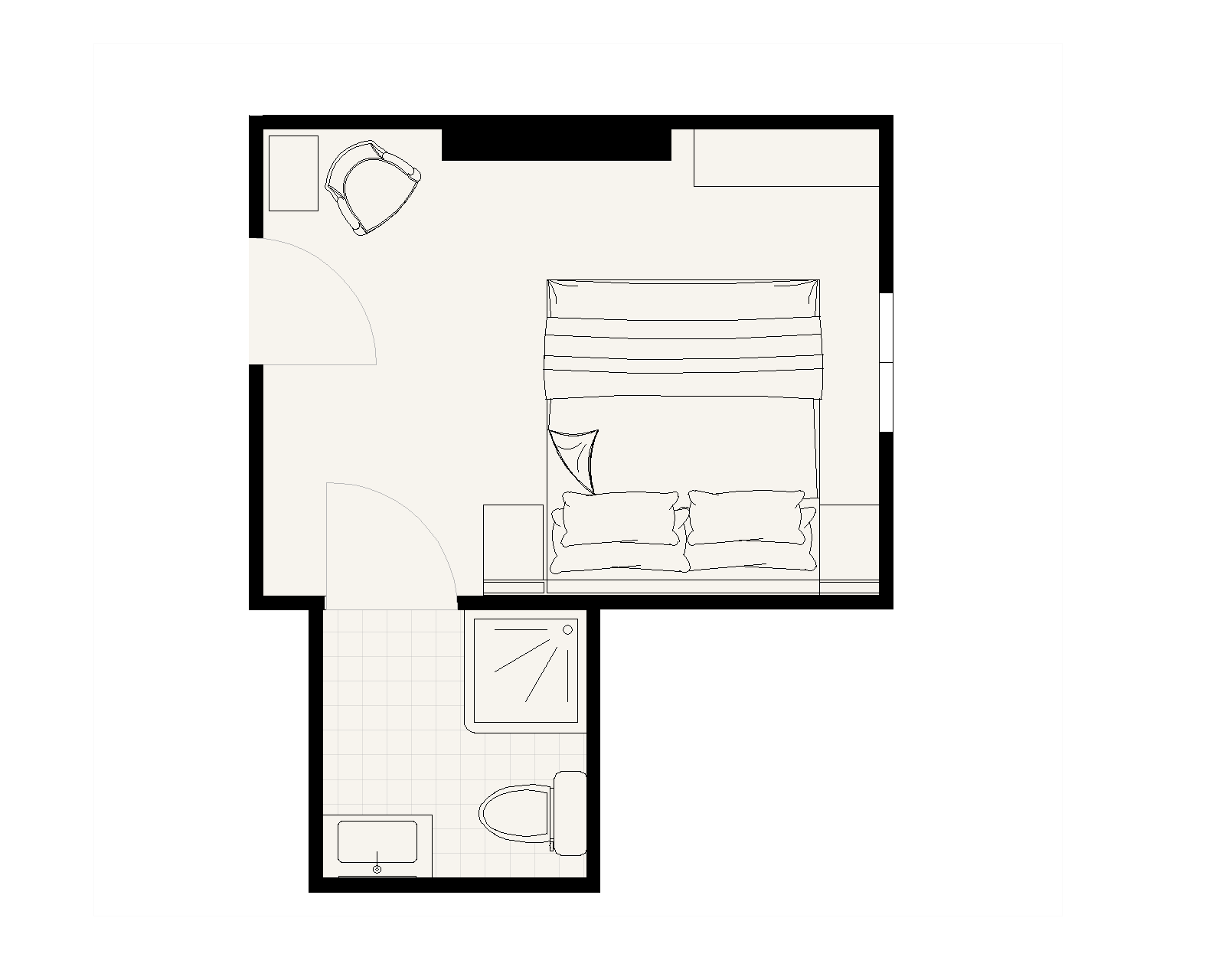 A black and white floor plan of a bedroom with a bed and a bathroom.