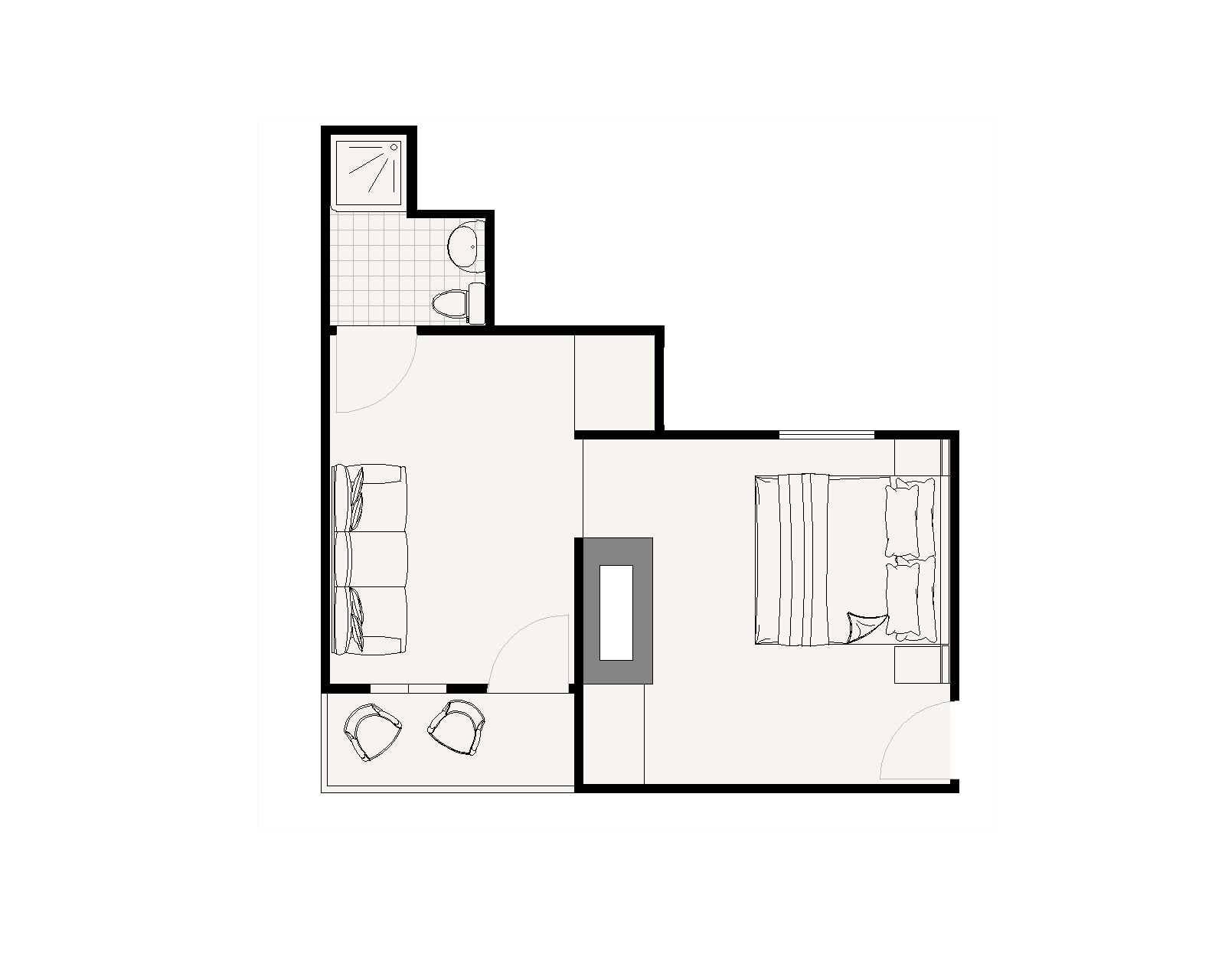 A floor plan of a house with a bedroom , living room , and kitchen.