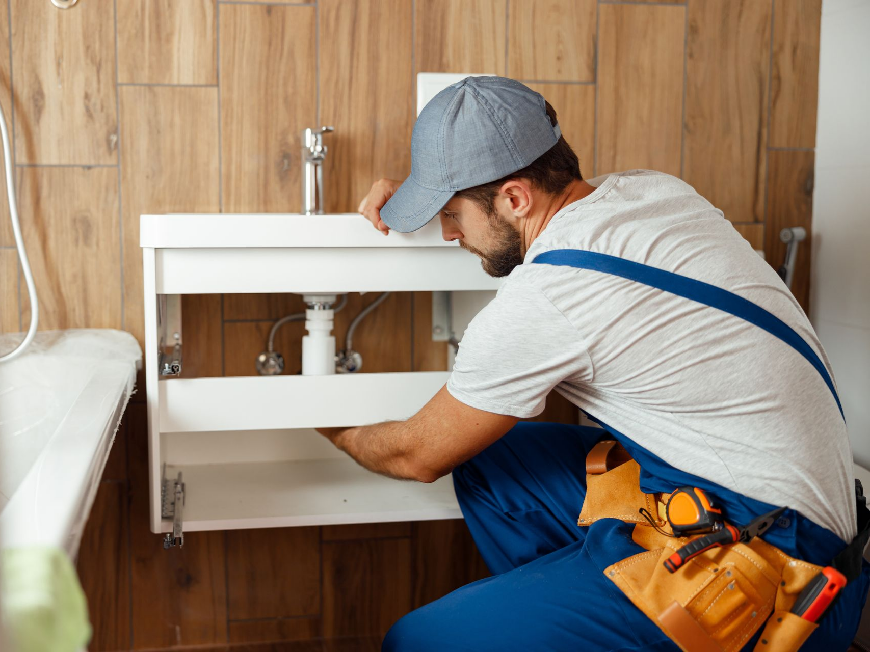 Plombier en train d’installer ou réparer un meuble de lavabo blanc, avec la tuyauterie visible à l’intérieur