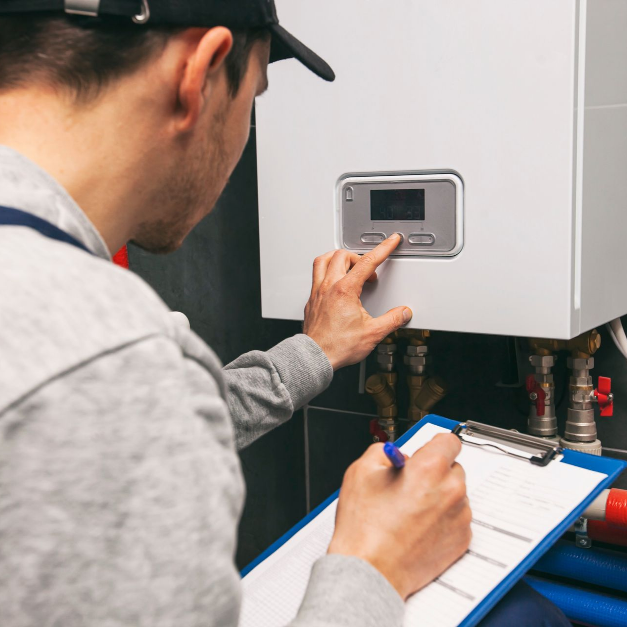Personne réglant l’écran de contrôle d’une chaudière murale tout en prenant des notes sur un clipboard