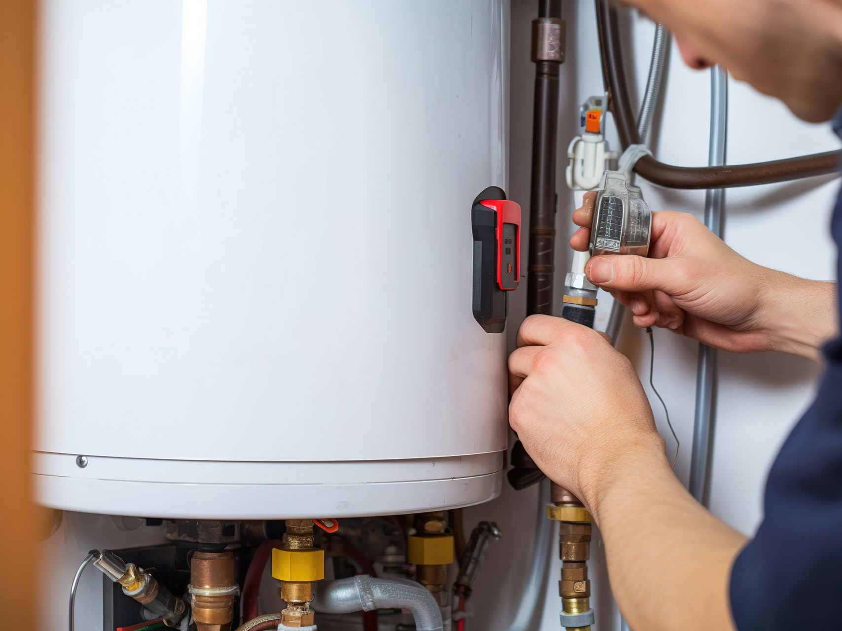 Personne effectuant un réglage ou une réparation sur un chauffe-eau, en manipulant les raccords et la tuyauterie