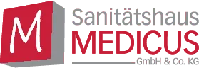 Ein rot-weißes Logo für ein Unternehmen namens Sanitätshaus Medicus GmbH & Co. KG.