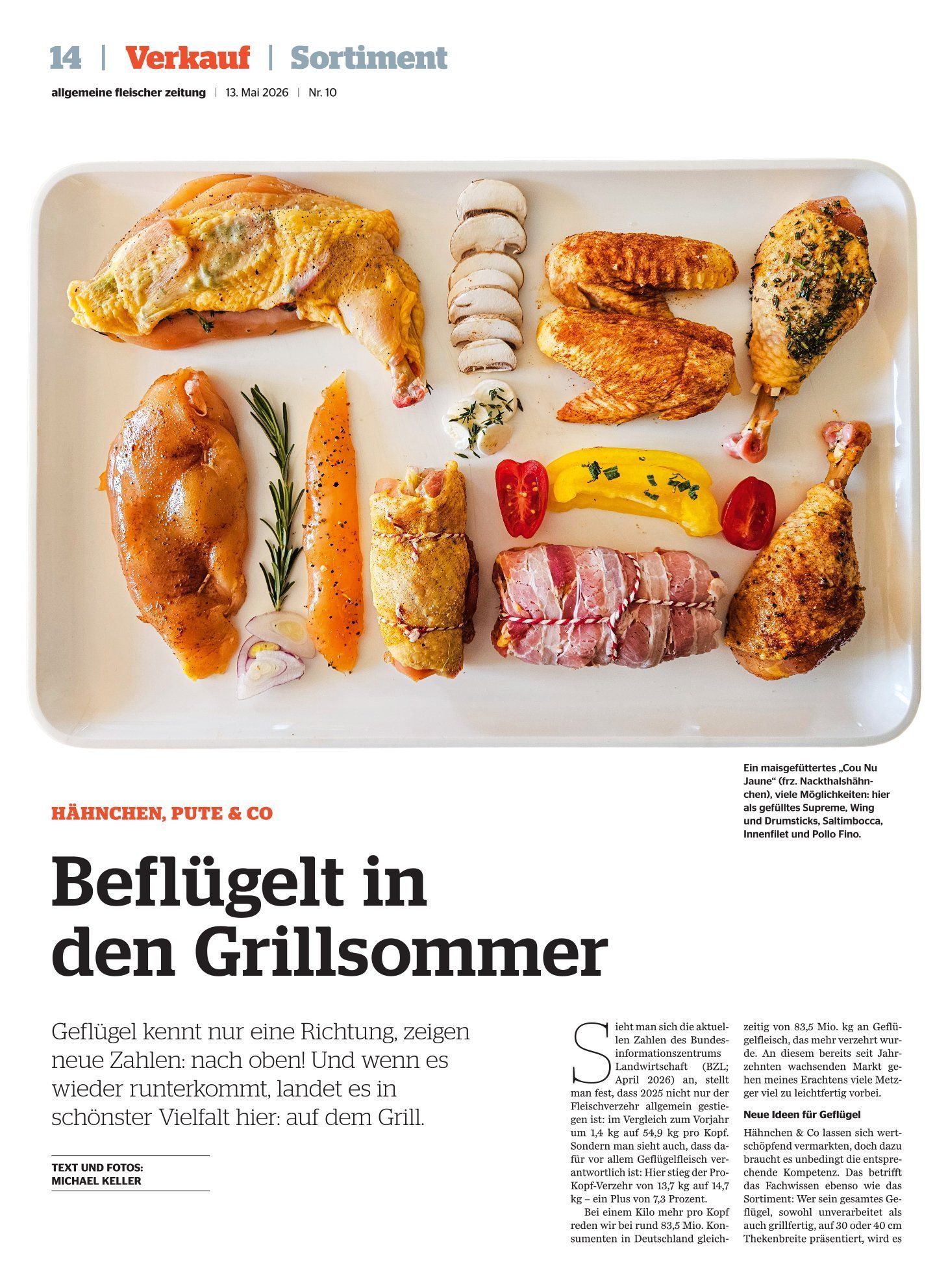 Verschiedene gegrillte Hähnchenstücke und -spieße, auf einem weißen Tablett angerichtet, mit deutsch