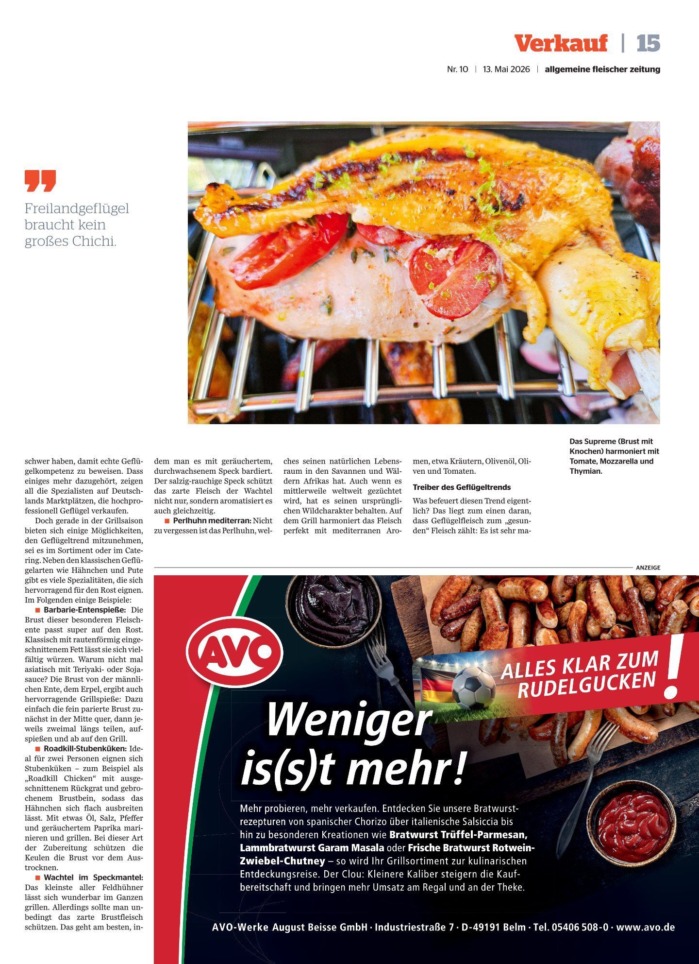 Magazinseite mit einem Gericht aus gegrilltem Hähnchen im oberen Bereich und einer roten AVA-Anzeige mit dem Slogan „Weniger is(s)t mehr!“
