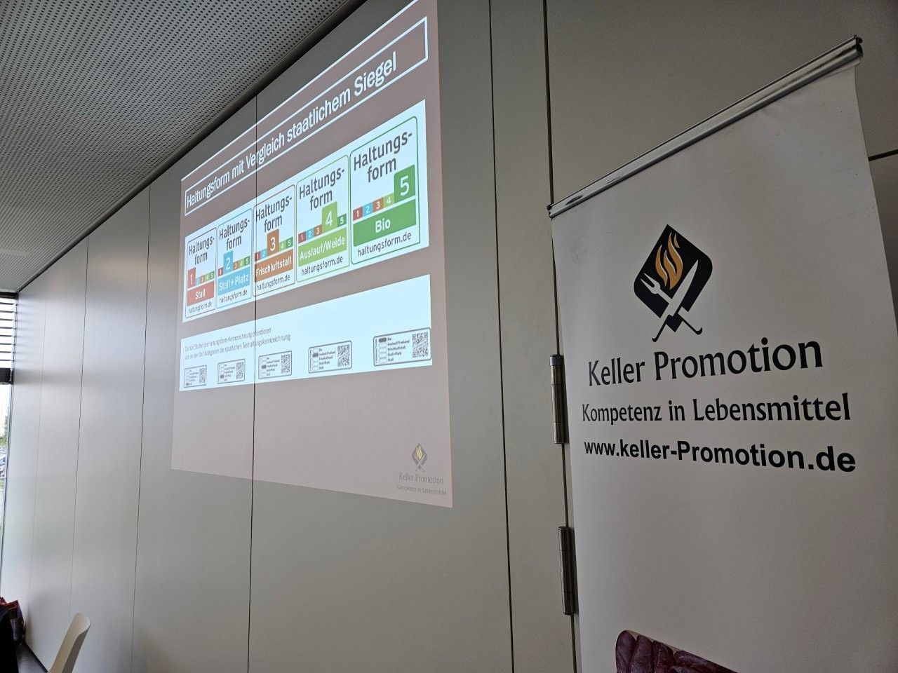 Präsentation auf einem Bildschirm neben einem Banner von Keller Promotion in einem Raum.