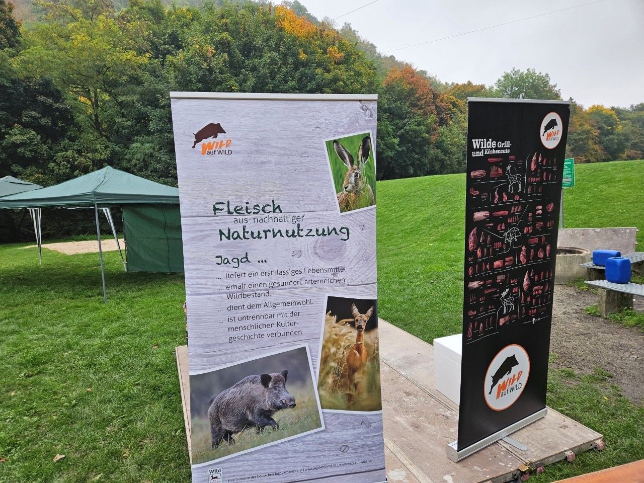 Auf einer Rasenfläche stehen zwei Roll-Up-Banner mit Tierfotos. Im Hintergrund ist ein grünes Zelt zu sehen.
