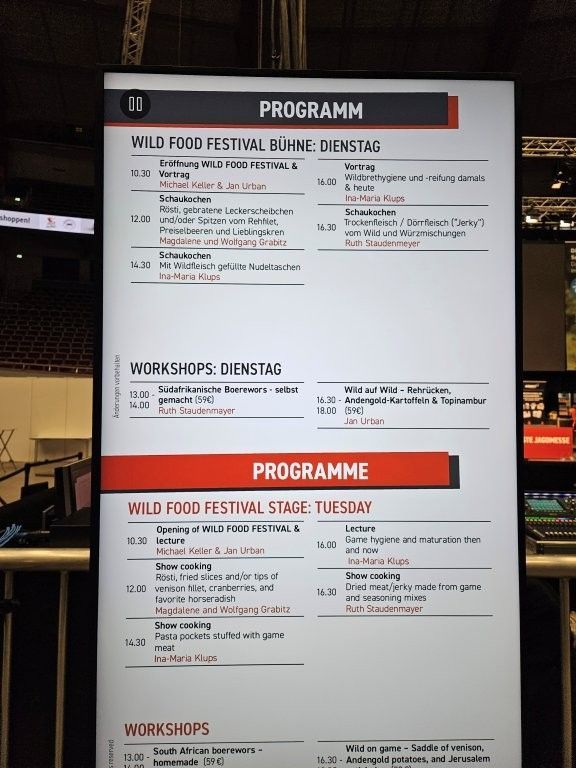 Zeitplan für die Bühne des Wild Food Festivals am Dienstag mit Programm- und Workshop-Details.