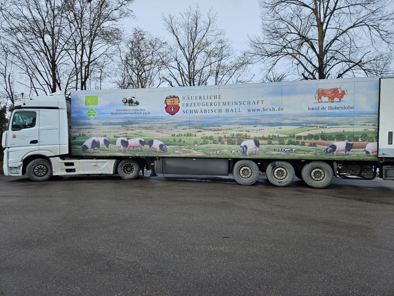 Weißer Lastwagen mit Seitenwand, auf der Schweine, eine Landschaft und Text abgebildet sind.

