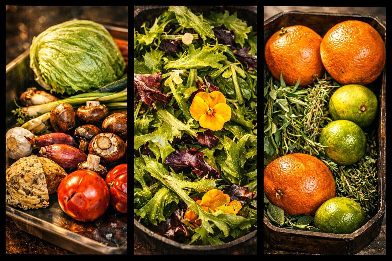 Triptychon aus frischen Produkten: Kopfsalat, Champignons, Tomaten, Blattsalate mit Blüten, Orangen, Limetten und Kräuter.