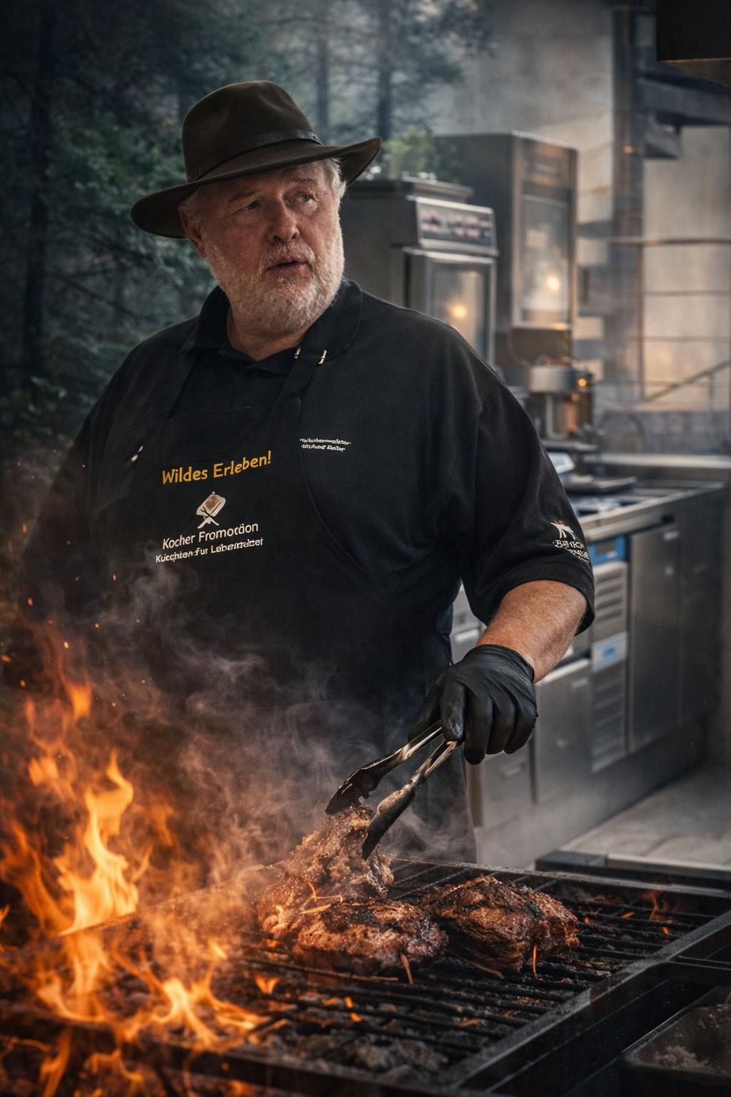 Ein Mann grillt Steaks über offenem Feuer; er trägt Hut und Schürze und steht in einer Freiluftküche.