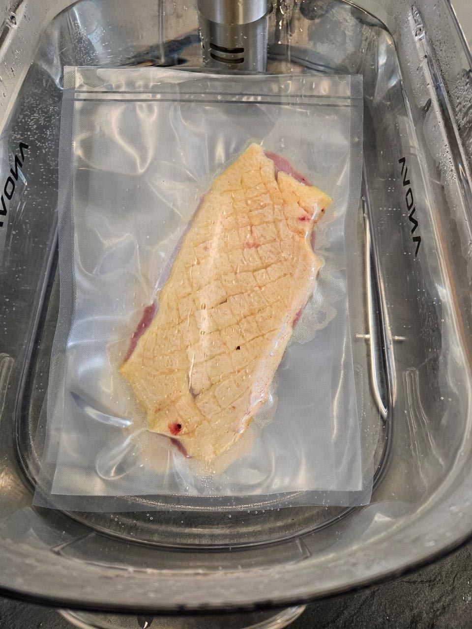 Ein Stück Fleisch liegt in einem vakuumversiegelten Beutel
