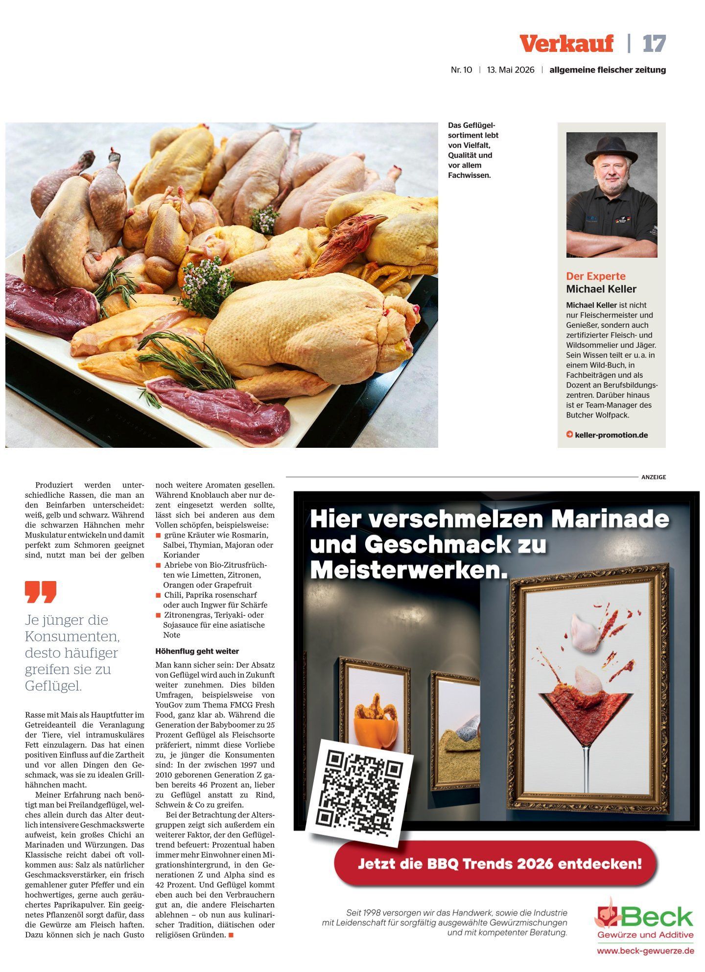 Zeitungsseite mit einem Foto von Braten und einer deutschen Anzeige für personalisierten Wein mit QR-Code