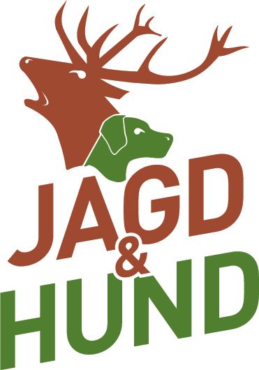 Logo mit einem Hirsch, einem Hund und den Worten „JAGD & HUND“ in Grün und Braun.
