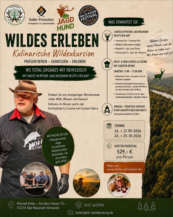 Deutsches Waldwanderplakat mit Wanderer, Waldansichten und Veranstaltungsdetails in Grün und Beige