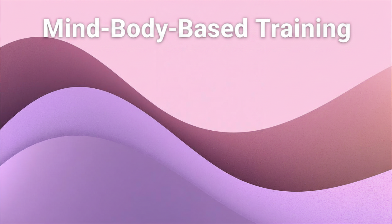 Abstrakte rosa und violette Wellen mit dem Text „Geist-Körper-basiertes Training“ darüber