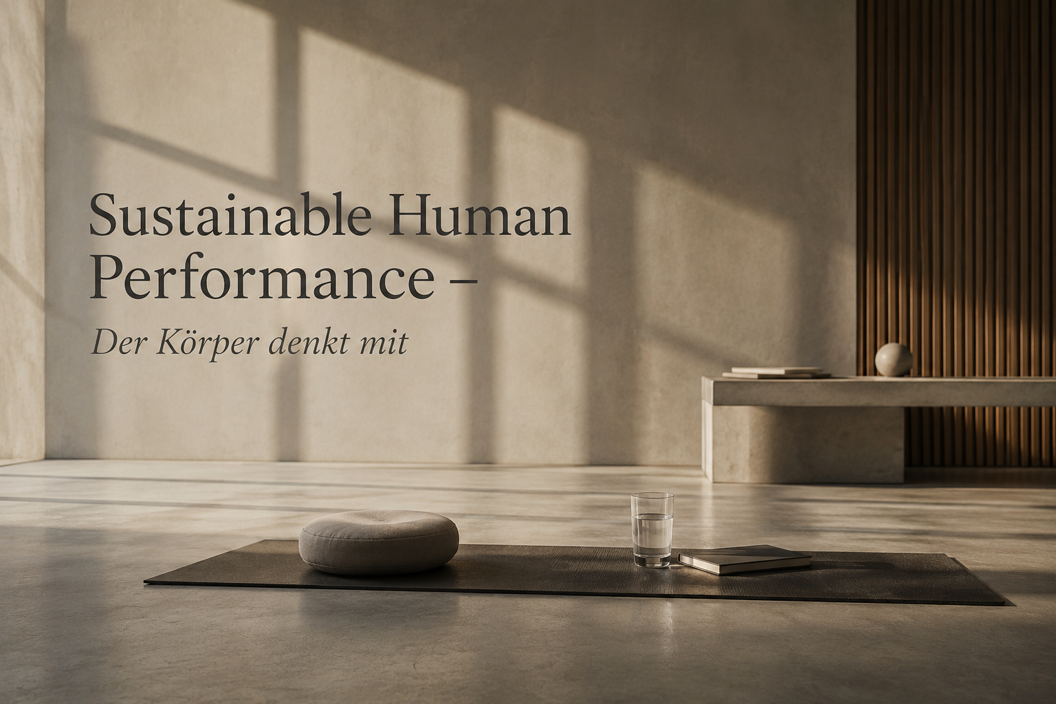 Minimalistisches beigefarbenes Wohnzimmer mit dem Schriftzug „Sustainable Human Performance“ und einem niedrigen Tisch auf einem Teppich.