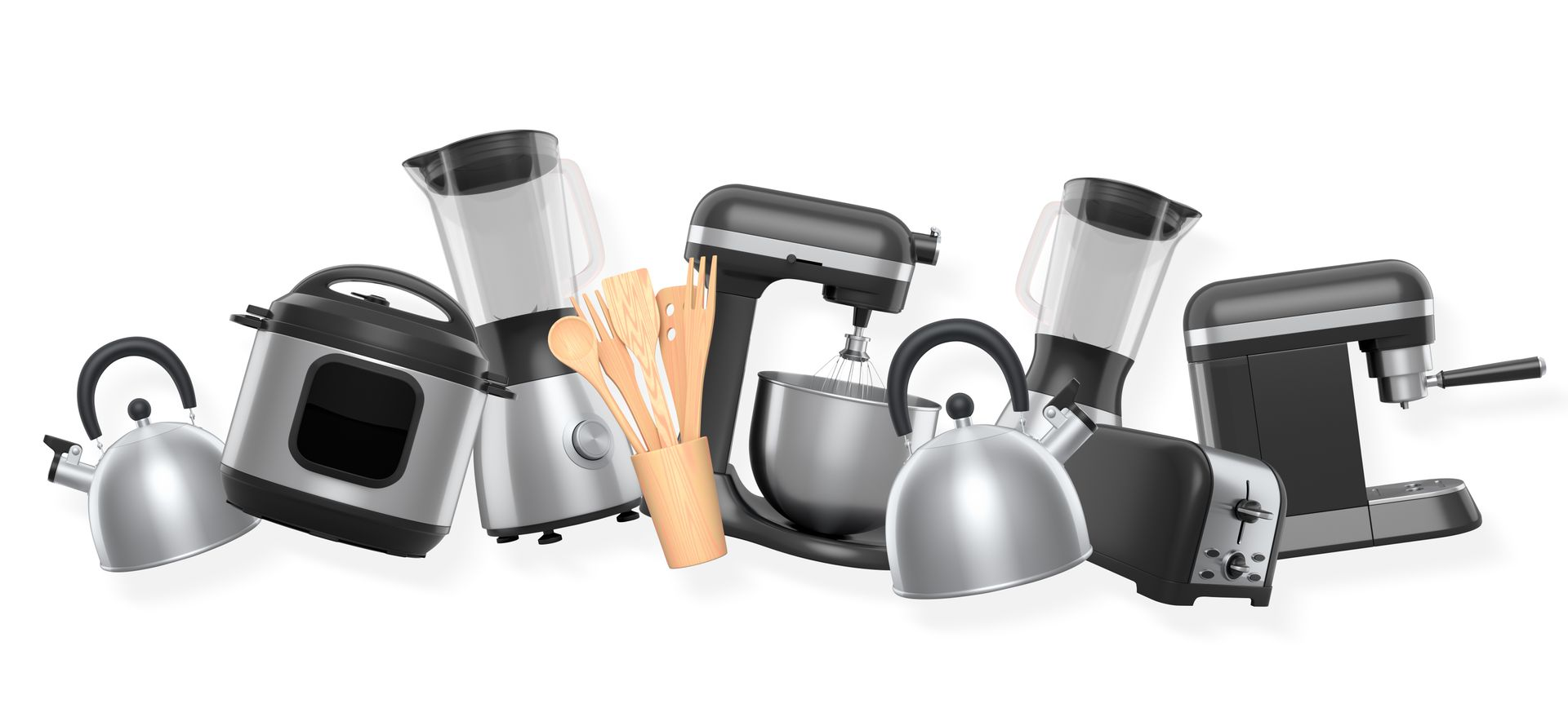 Assortiment d'appareils de cuisine, comprenant un mixeur, un batteur sur socle et une bouilloire électrique.