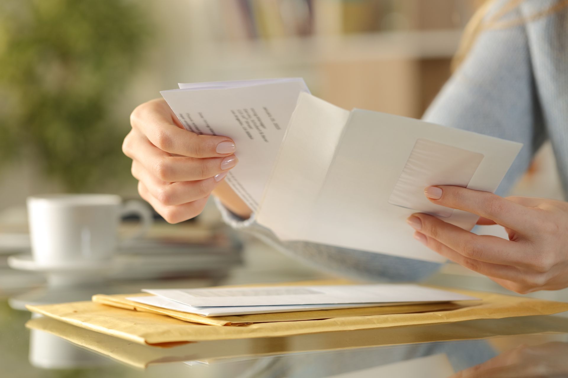Une personne qui met un courrier dans une enveloppe