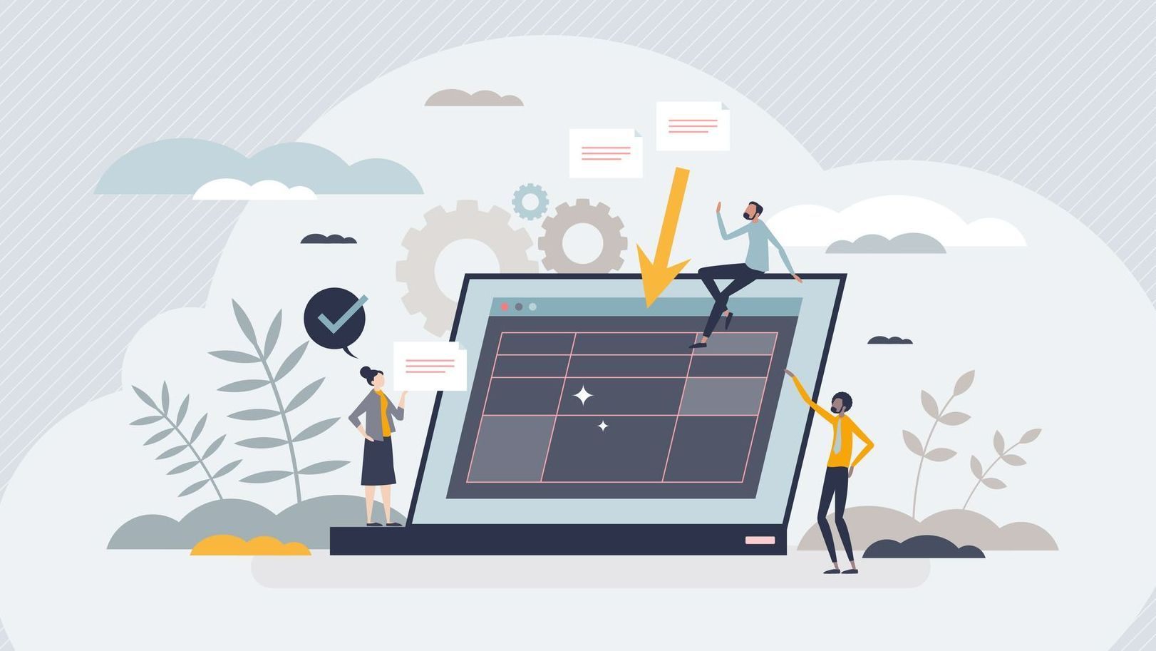 Infographie avec des personnes prenant en charge des documents sur un ordinateur