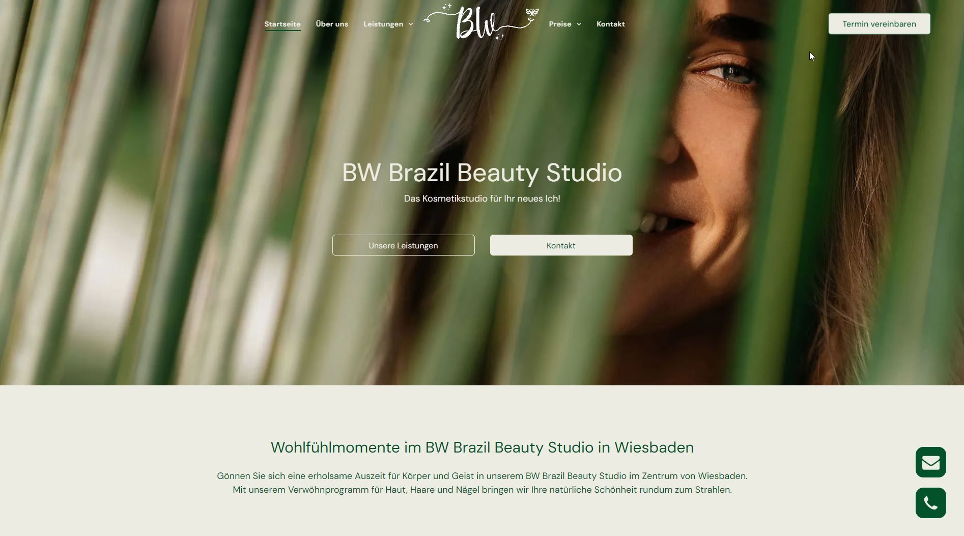 Frauengesicht teilweise durch grüne Blätter sichtbar, Text: „EW Brazil Beauty Studio.“