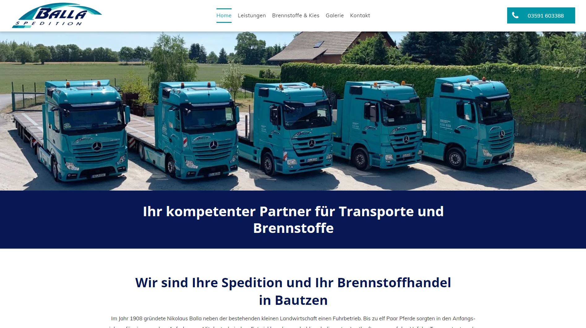 Four blue trucks parked, text: