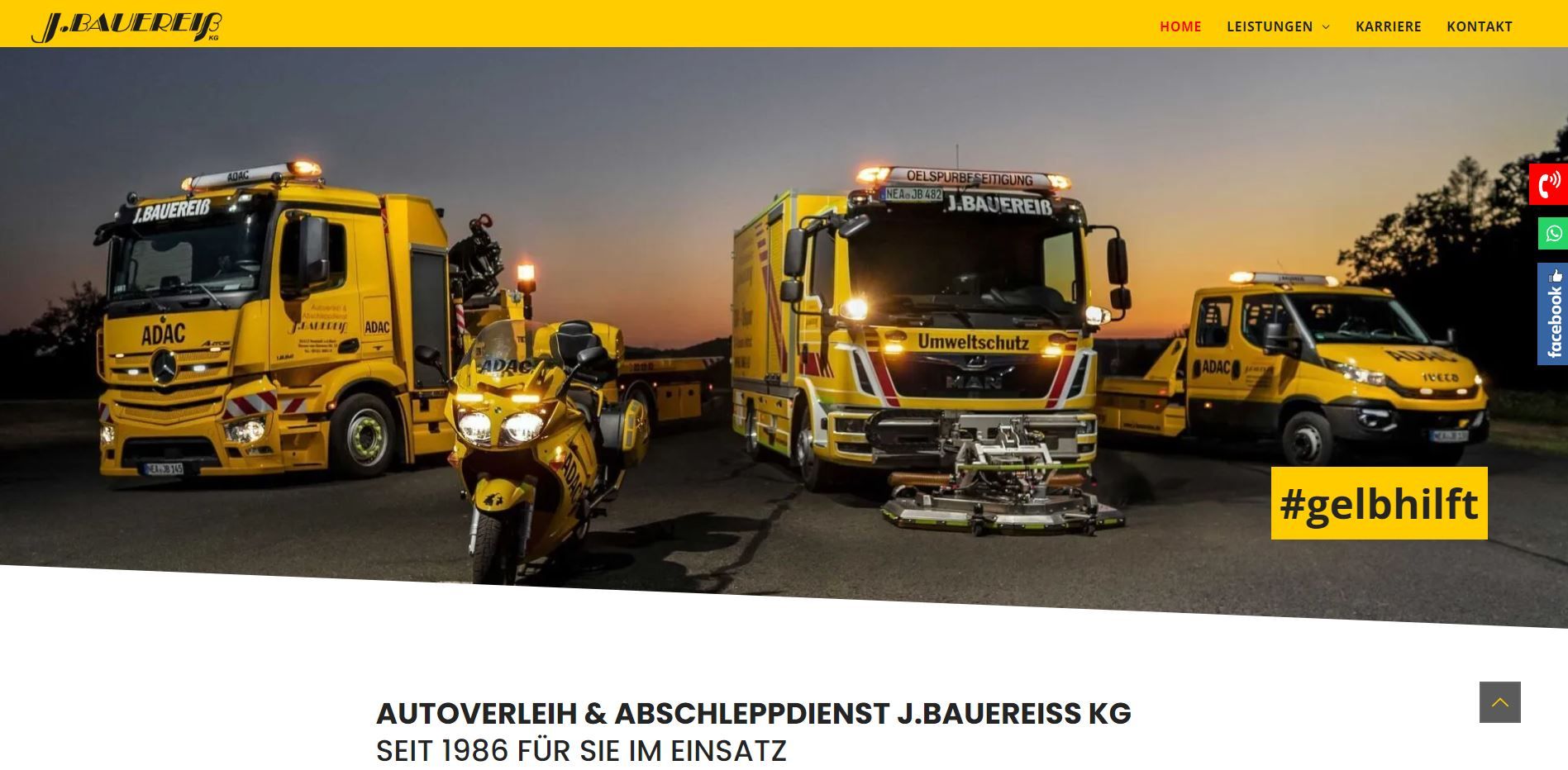 Yellow tow trucks, motorcycle, and service vehicles at dusk. Text: Autoverleih & Abschleppdienst.