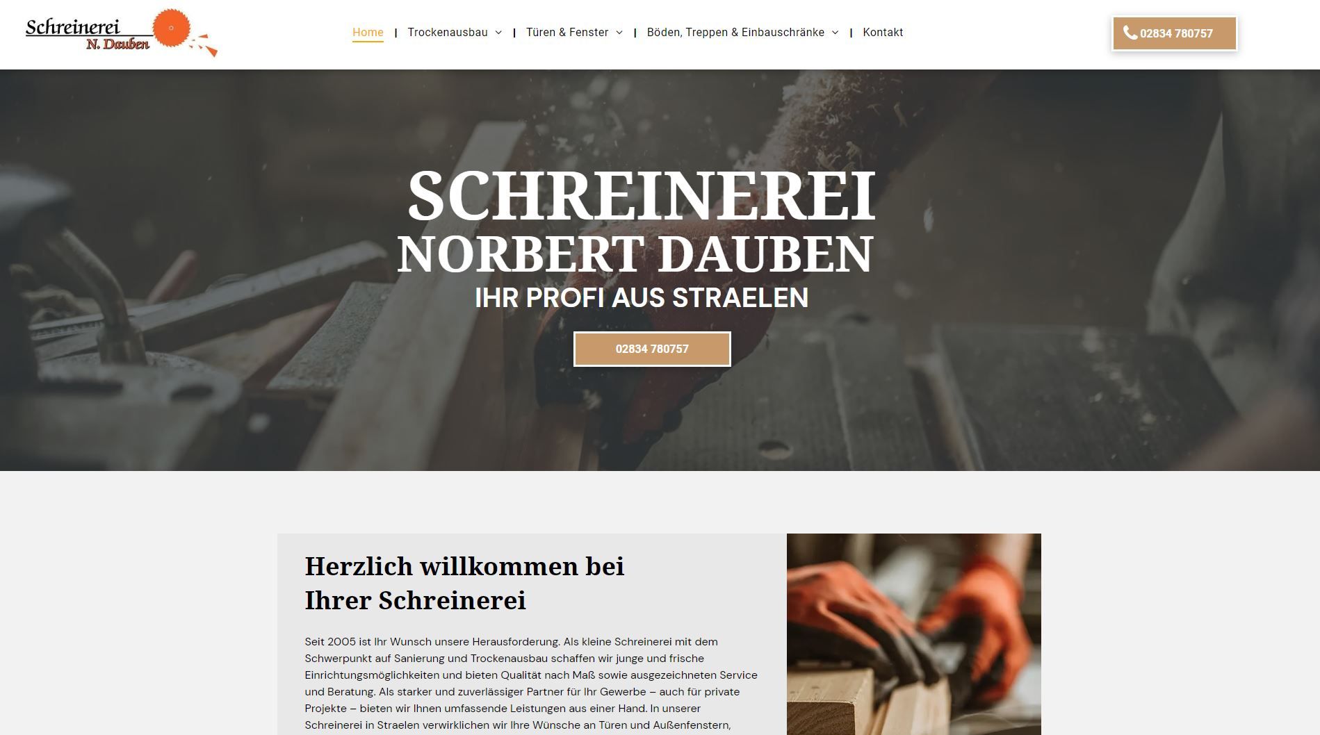 Homepage von Schreinerfrei Norbert Dauben, zeigt einen Tischler bei der Arbeit mit Holz.