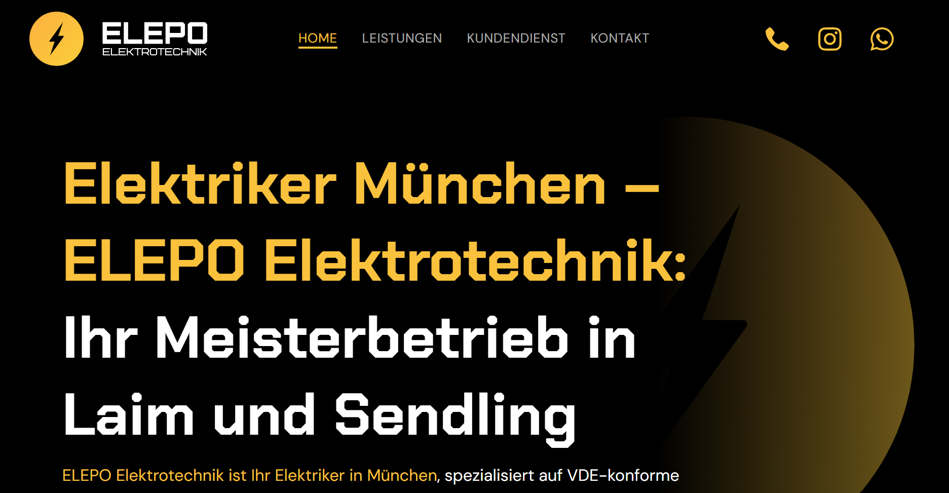 ELEPO Elektrotechnik website hero banner: black and gold design with electrician services in München, Laim and Sendling