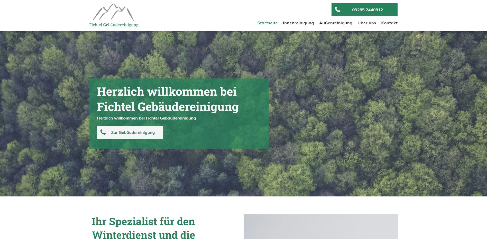 Website homepage: Fichtel Gebäudereinigung, green and white elements, forest background.