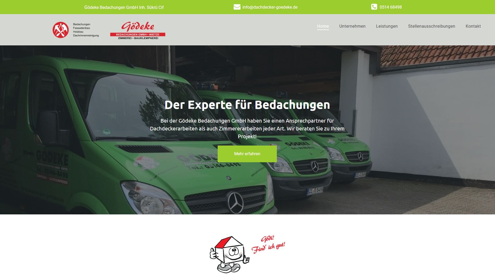 Website header featuring green vans with logo and tagline