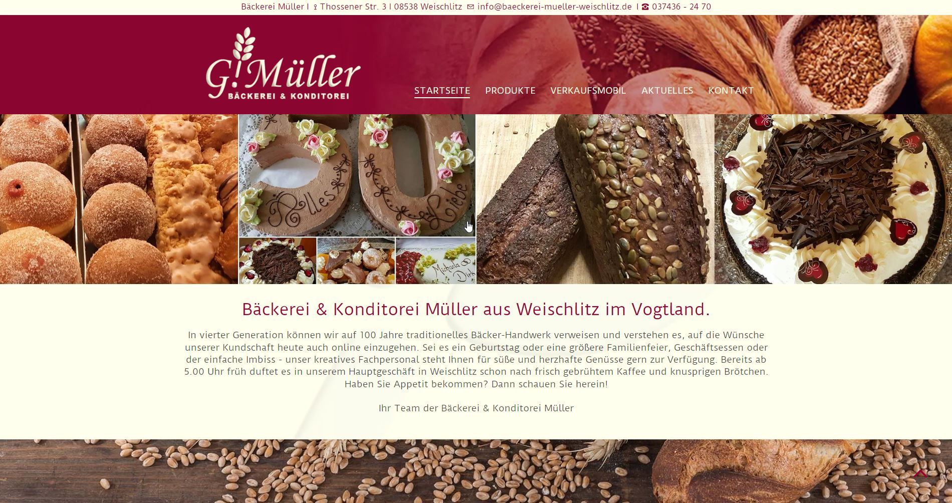 Website der Bäckerei G. Müller: verschiedene Brote und Gebäcke, burgunderfarbenes Banner, Text „Willkommen“.