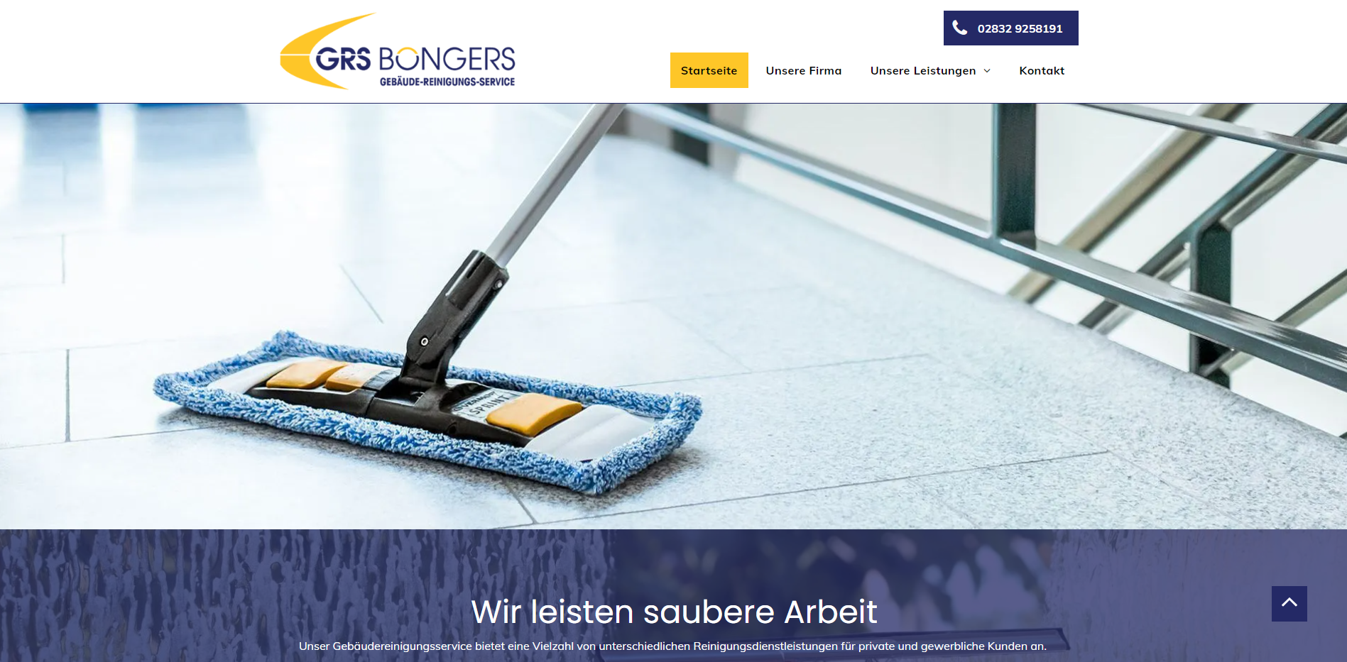 Website homepage featuring a mop on a floor. Text: