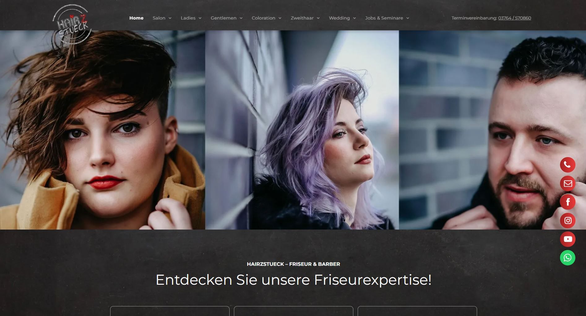 Website-Header mit drei Models mit stylischen Frisuren.