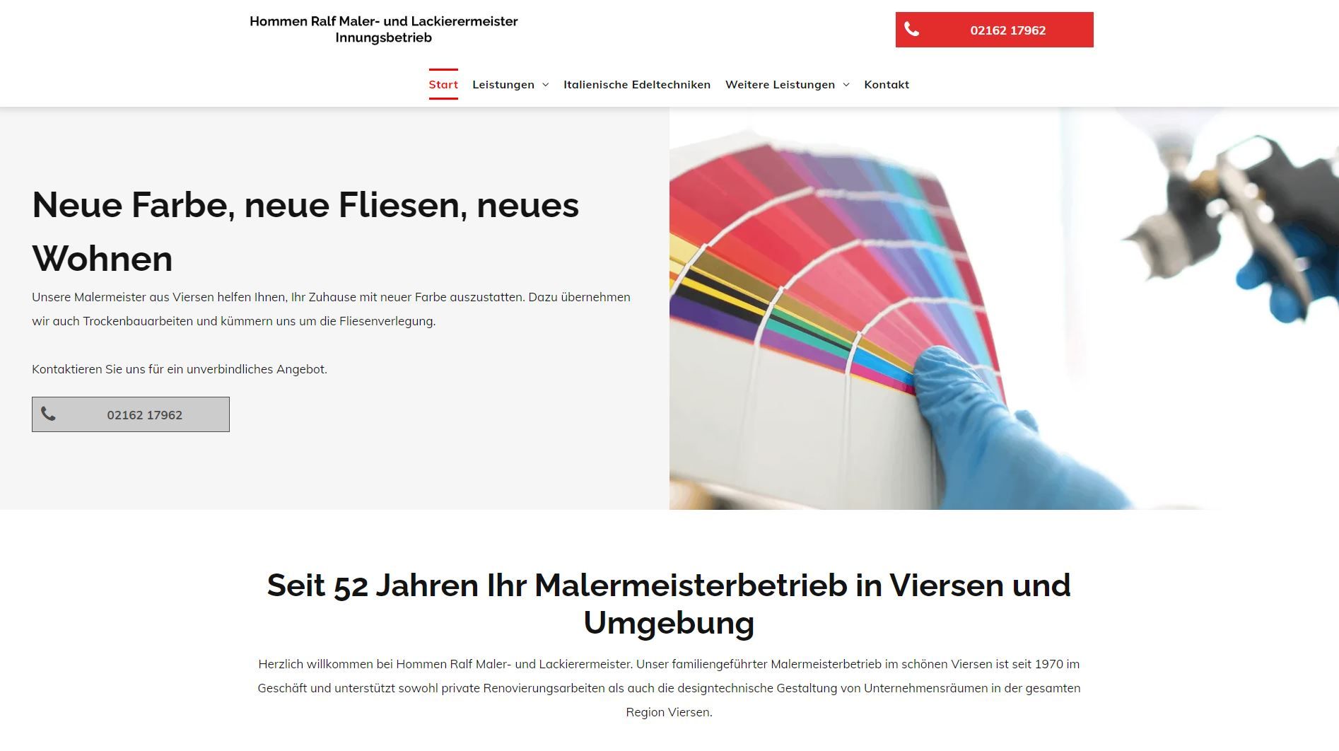 Website-Banner mit Texteinblendung: „Neue Farbe, neue Fliesen, neues Wohnen“ und „Seit 50 Jahren Ihr Malermeister in Viersen.“