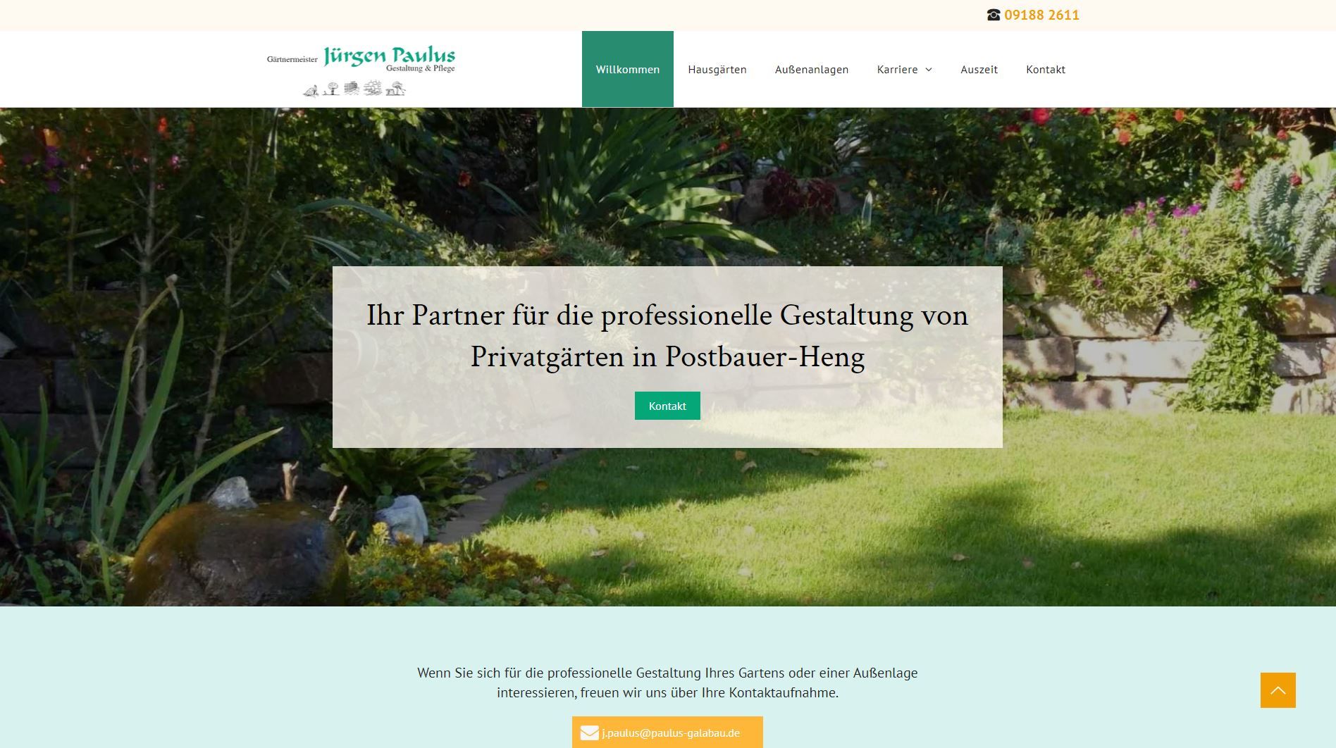 Homepage der Website mit Gartenszene und Call-to-Action-Button.