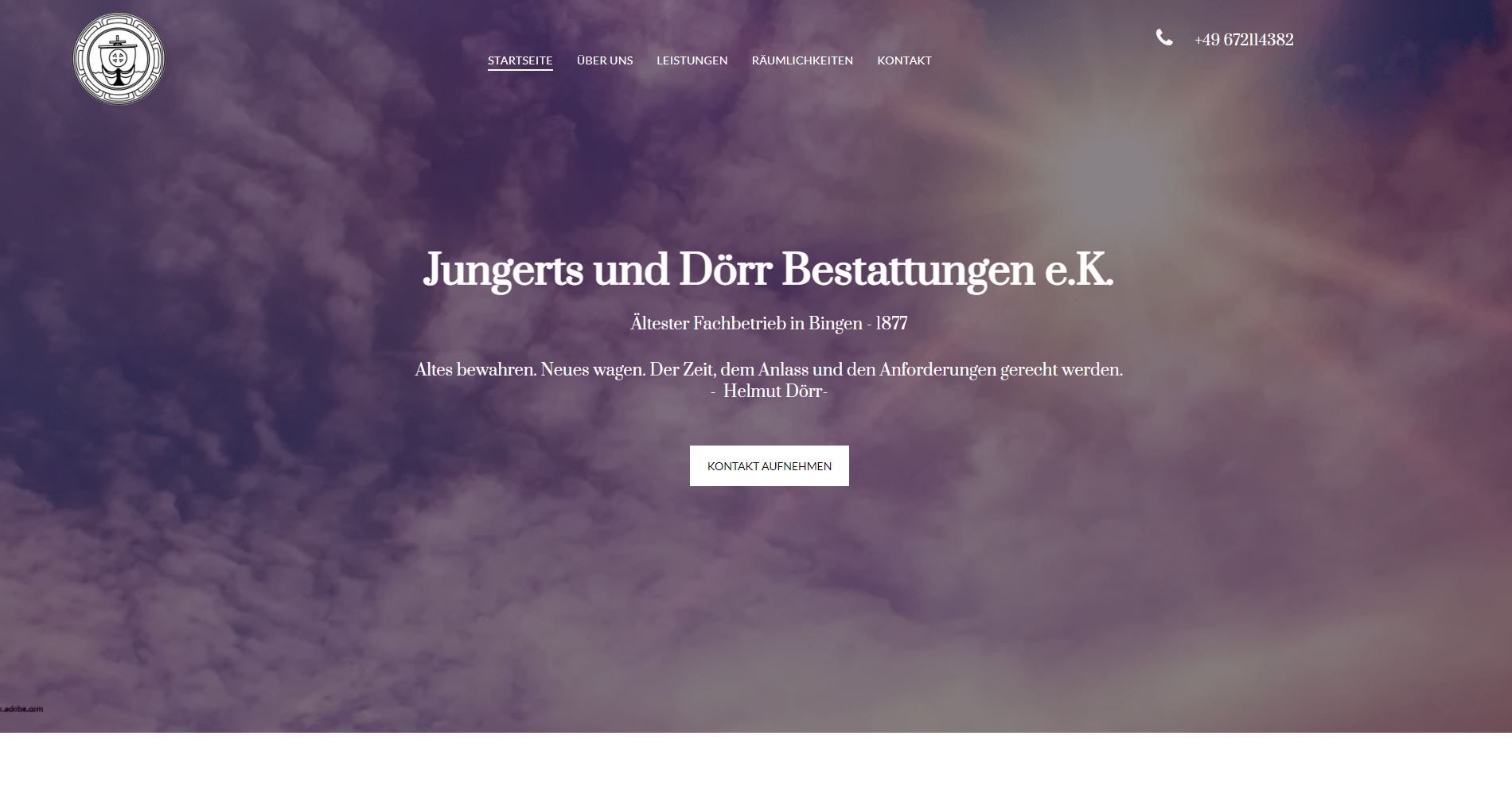 Website header for Jungerts und Dörr Bestattungen e.K. with logo, contact info, and call to action button.