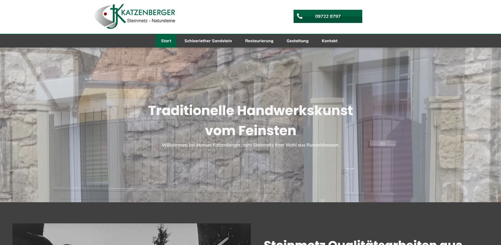Website of a craftsmanship company, with a stone building facade, text: