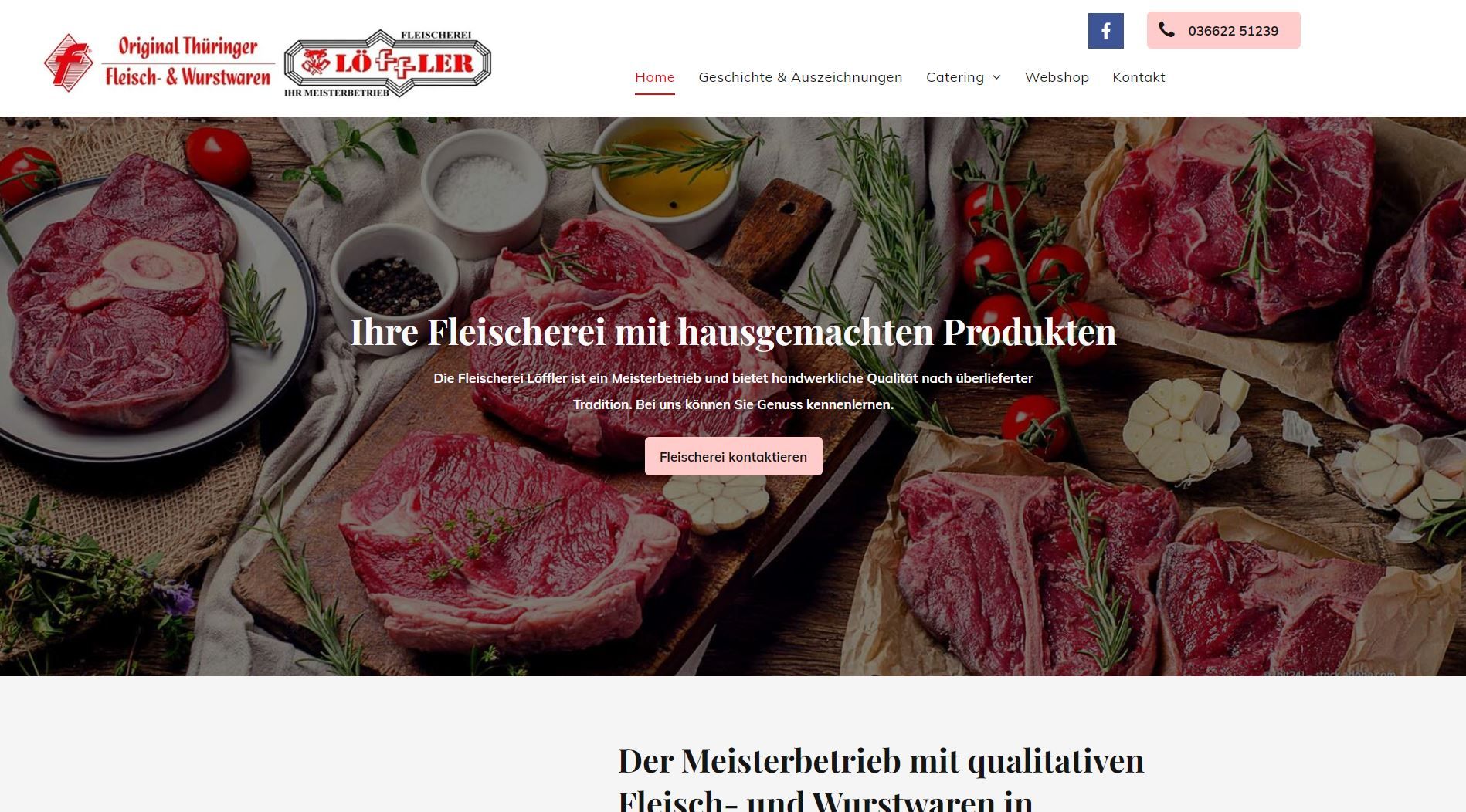 Homepage der Website mit verschiedenen Schnitten rohen Fleisches.