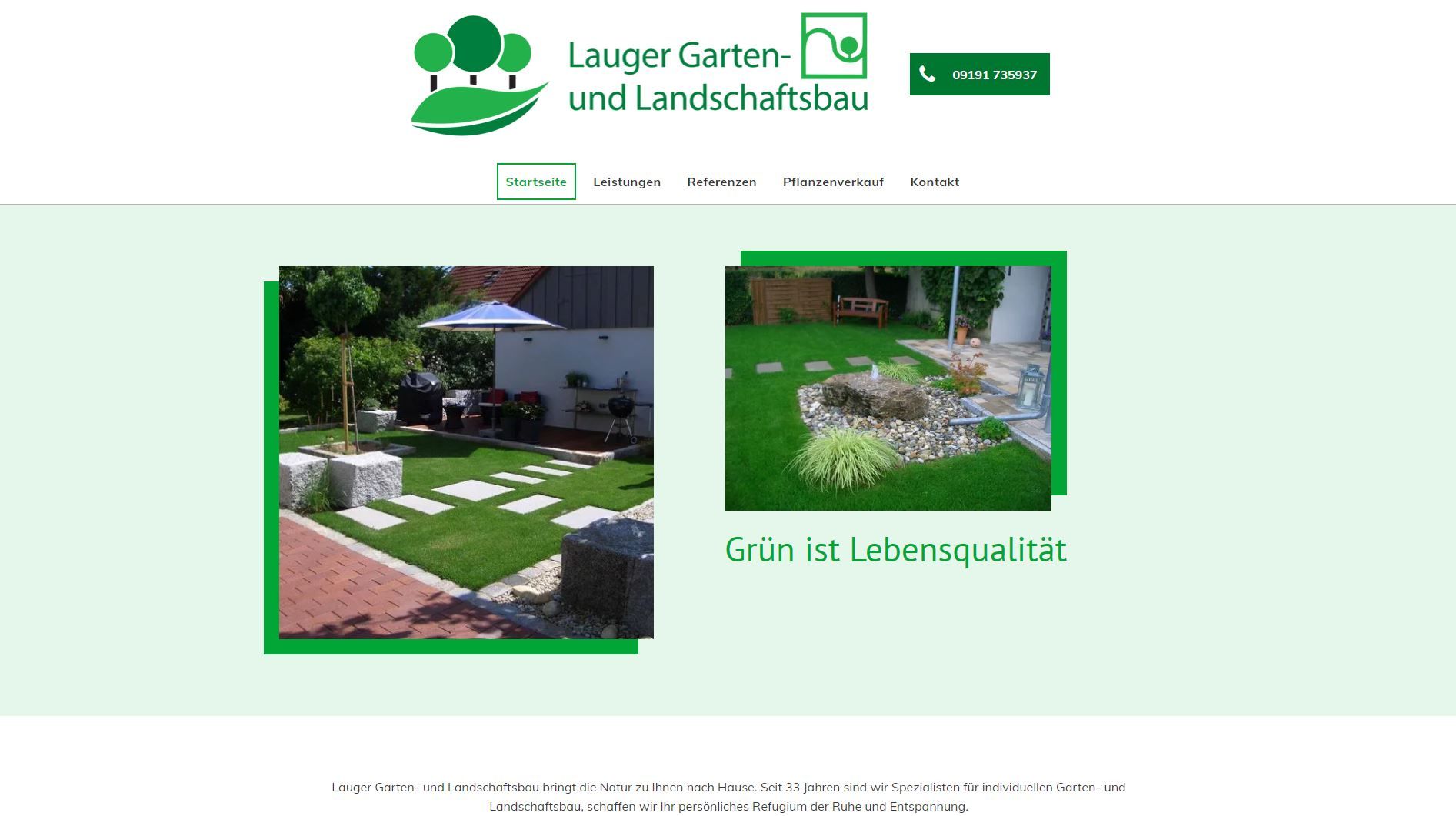 Homepage of Leuger Garten- und Landschaftsbau with garden project photos; green and white design.