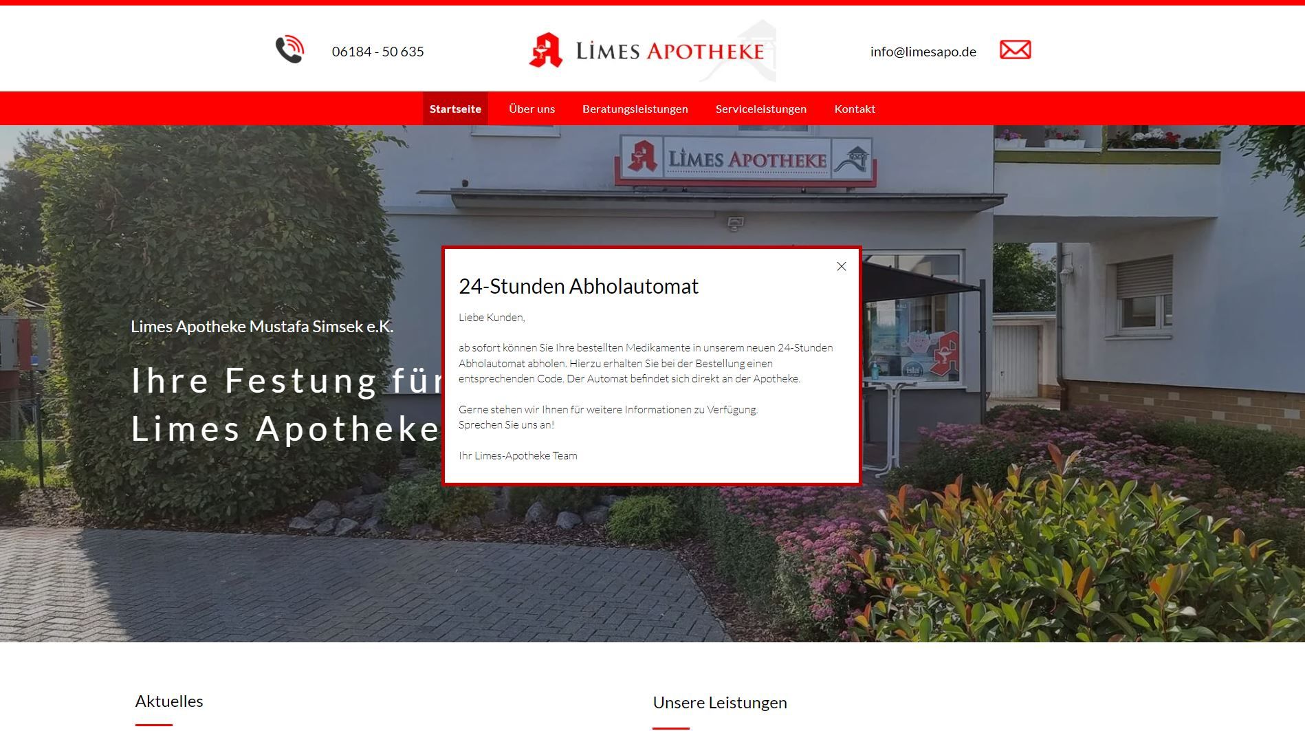 Homepage der Website mit Limes Apotheke-Logo und Popup-Benachrichtigung zum 24-Stunden-Service.