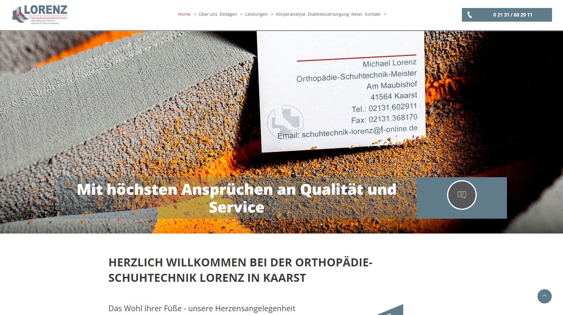 Website-Header: Lorenz Orthopädie-Technik. Text: „Herzlich willkommen“ und „Qualität und Service“.