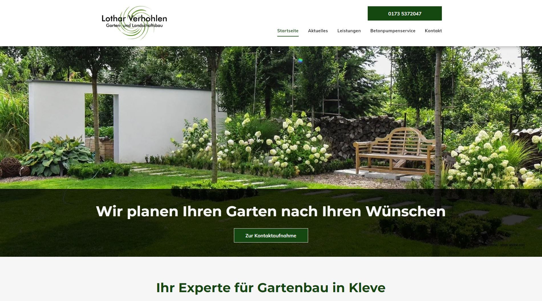 Homepage der Website mit einer Gartenszene und dem Text „Wir planen Ihren Garten nach Ihren Wünschen.“