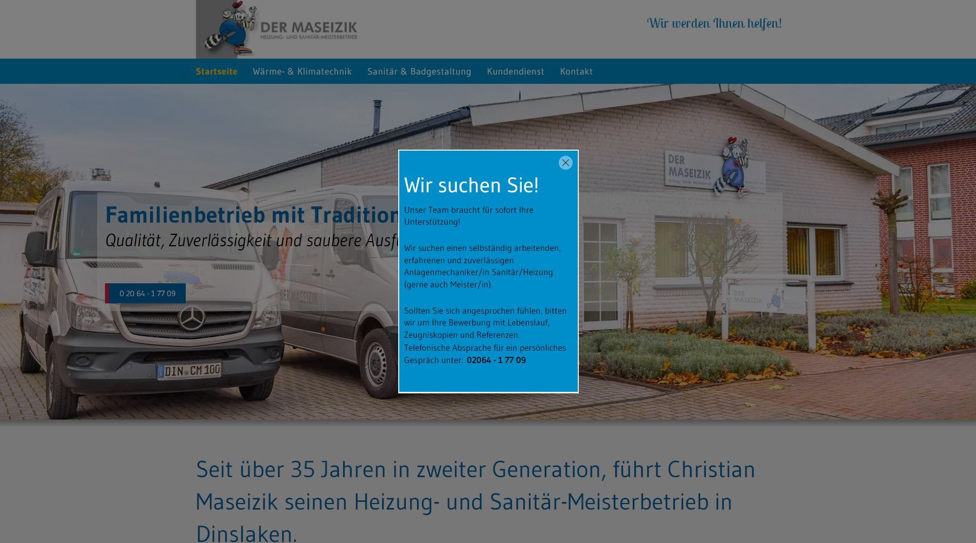 Website eines Heizungs- und Sanitärunternehmens mit einem Pop-up mit Lieferwagen, Gebäude und Text.