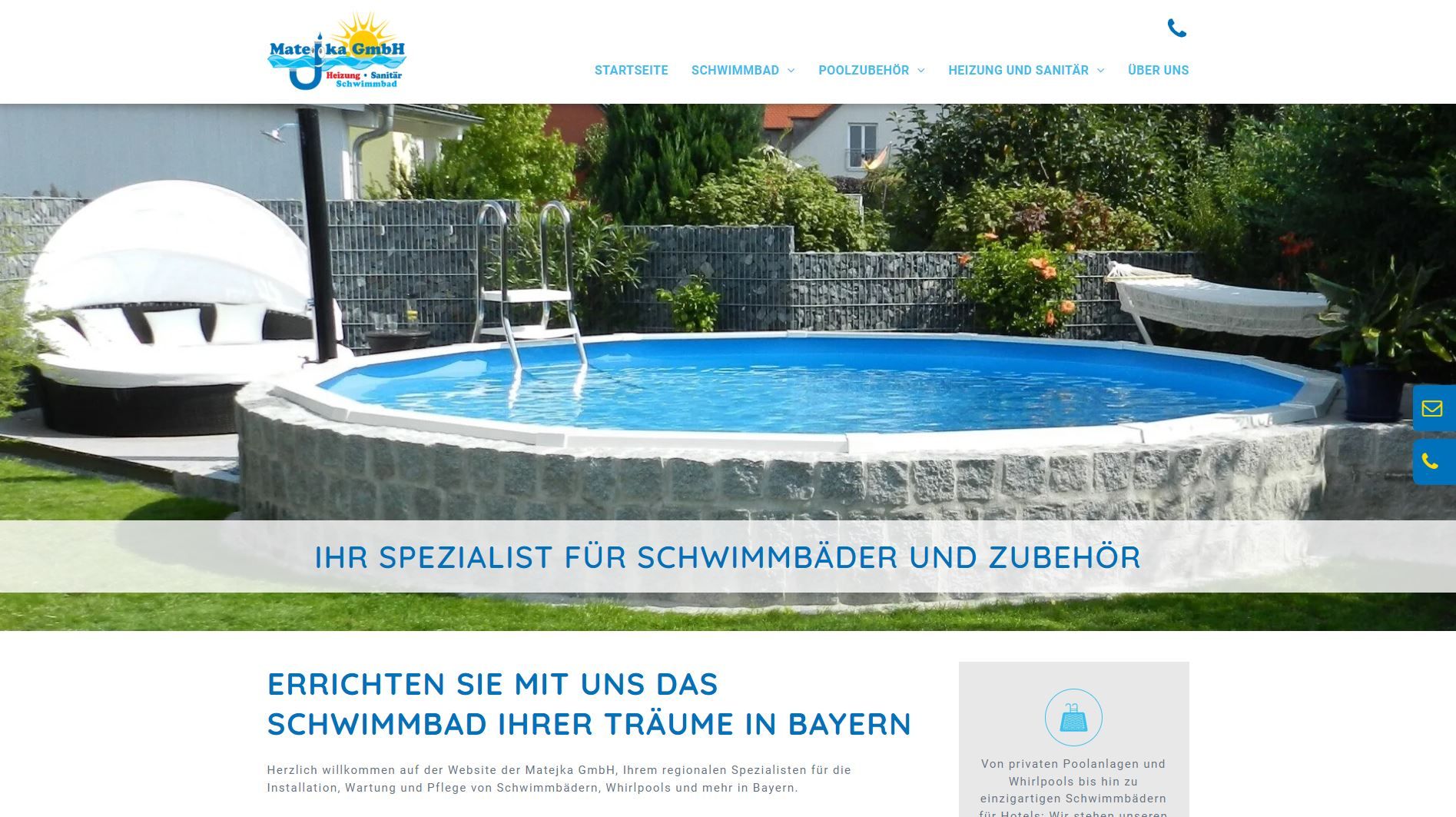 Website homepage with a round pool, text: