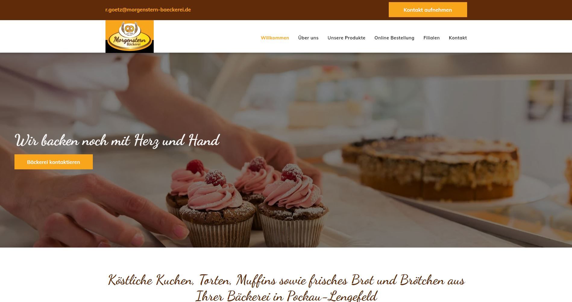Cupcakes und Kuchen in einer Bäckerei, ausgestreckte Hände. Website-Banner mit Logo.