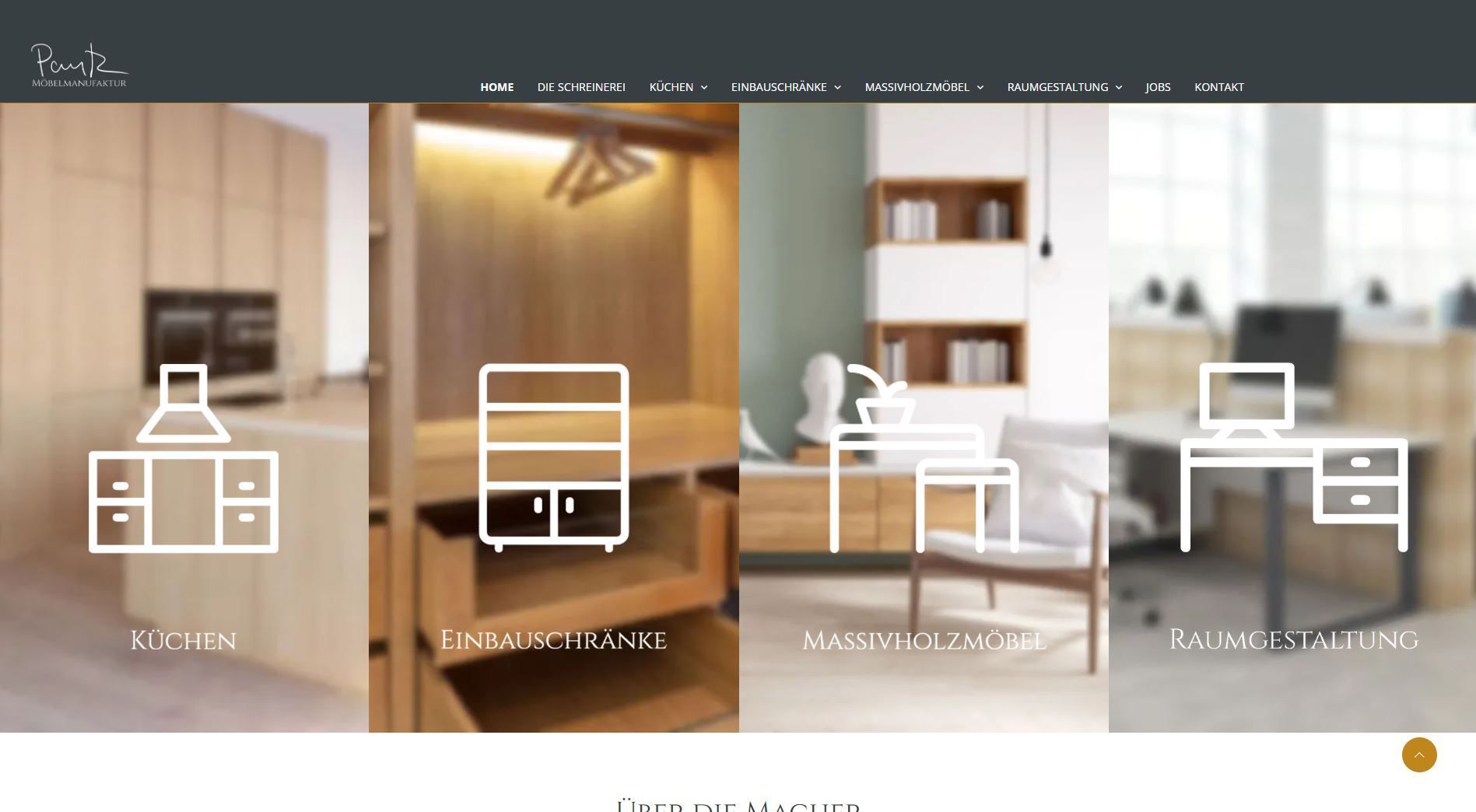 Website mit Küchen-, Ankleidezimmer-, Möbel- und Bürodesigns aus Holz.