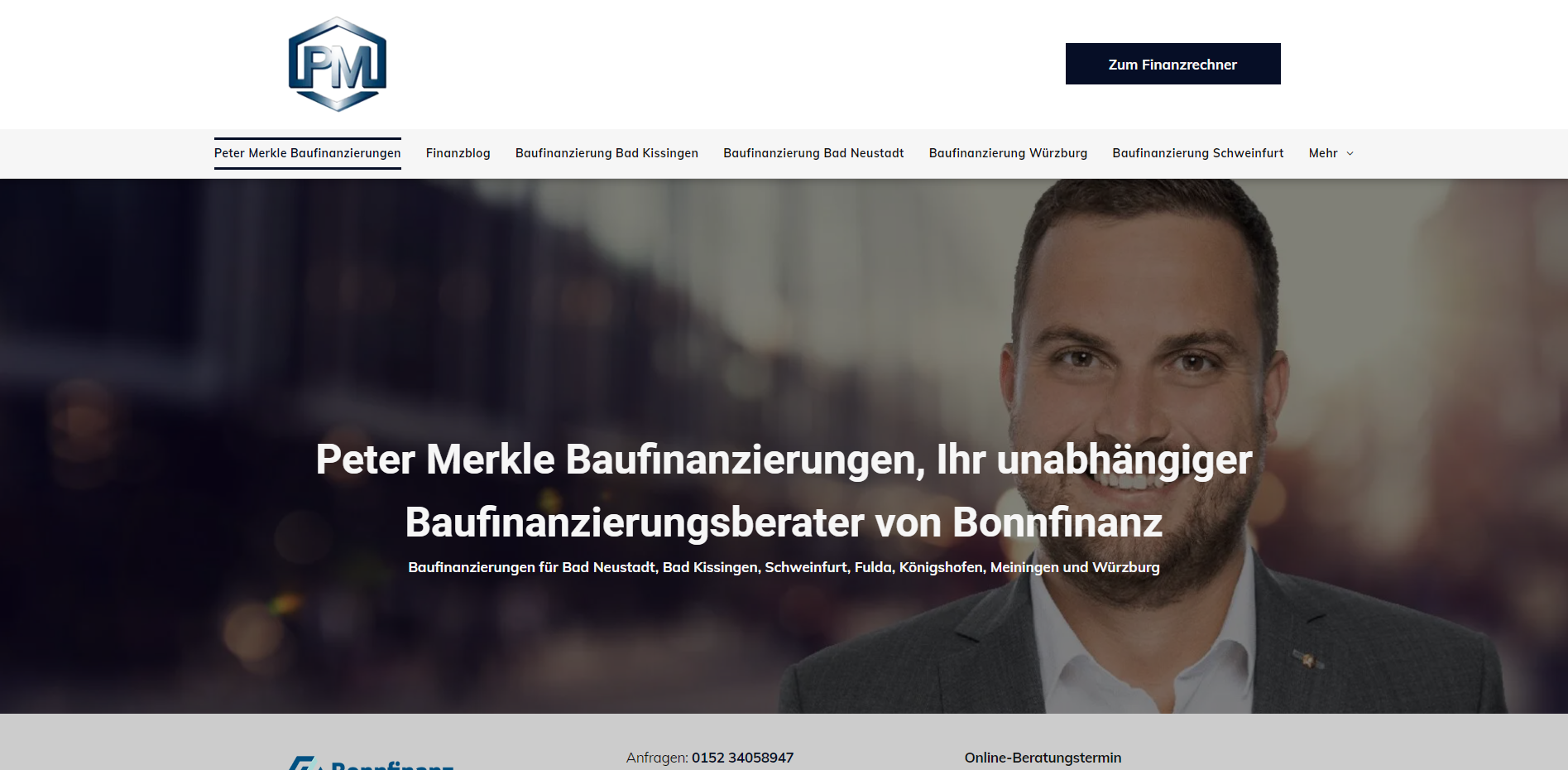 Peter Merkle Baufinanzi: Finanzierungsberater's website, with a man in a suit on the homepage.