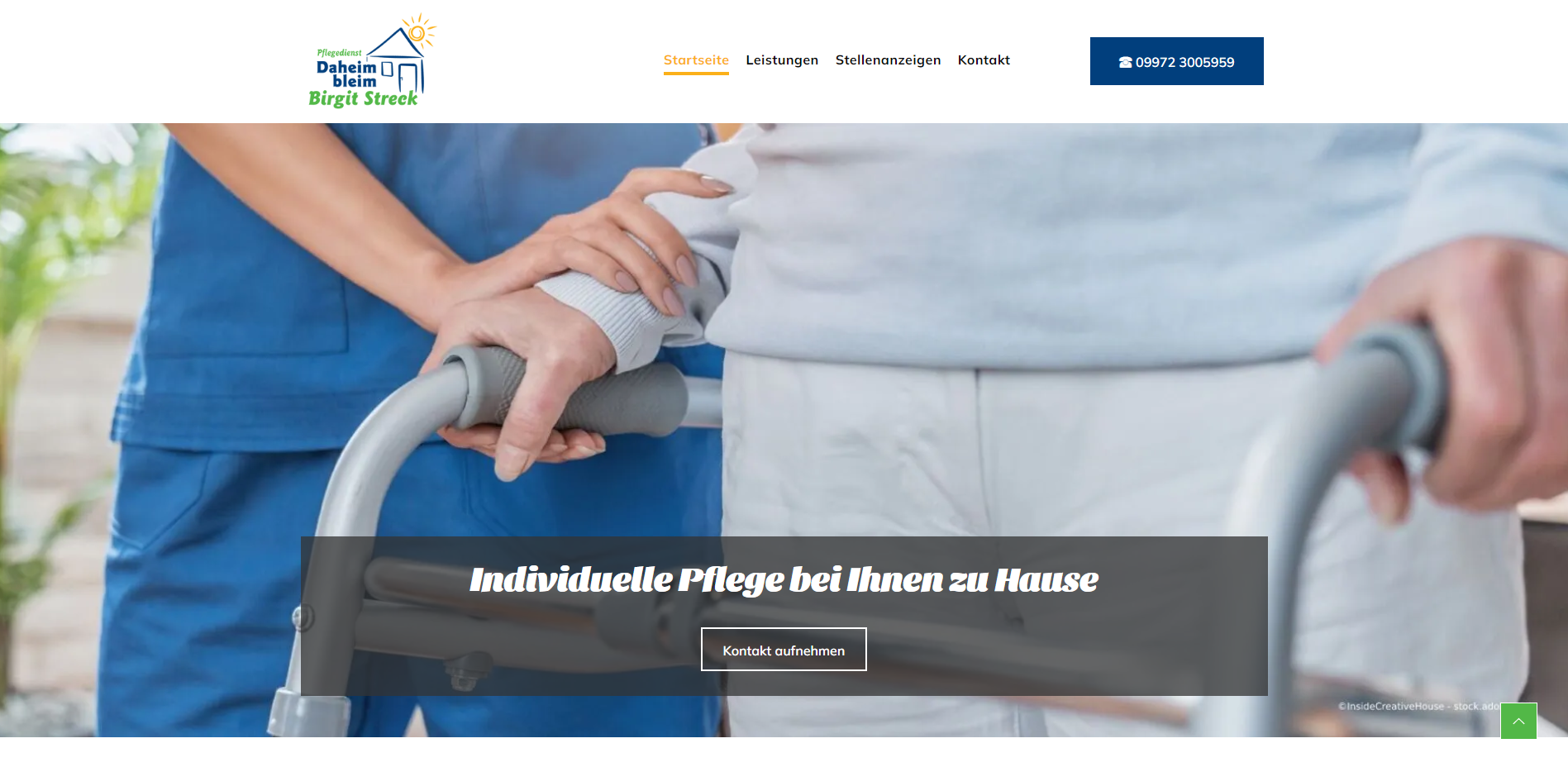 Nurse assisting an elderly person using a walker. Text: