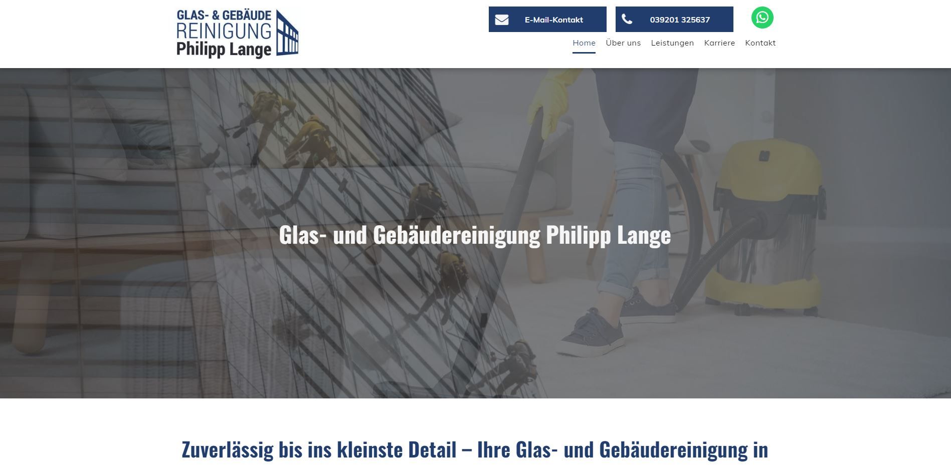 Website homepage of Glas- und Gebäudereinigung Phillip Lange, featuring a person cleaning with a vacuum.