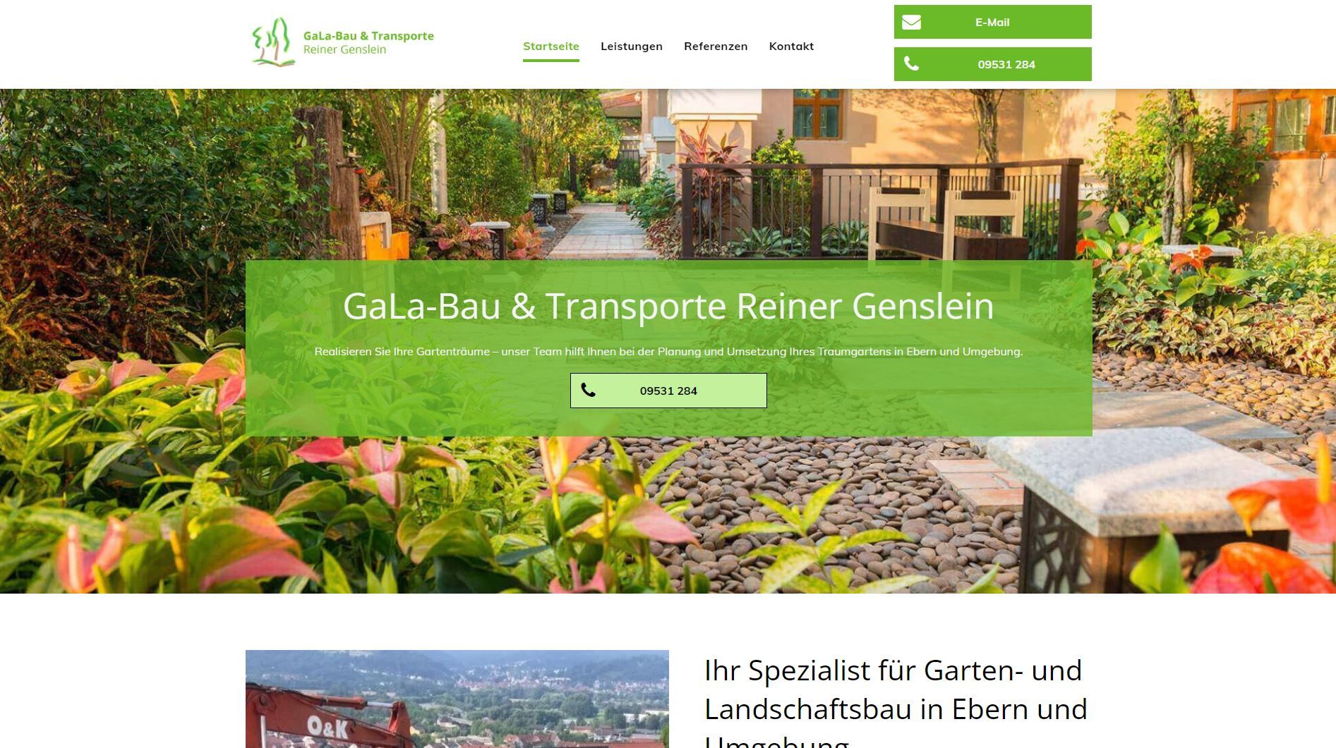 Homepage der Website für GaLa Bau & Transporte Reiner Genslein, mit Gartenszene und Kontaktinformationen.